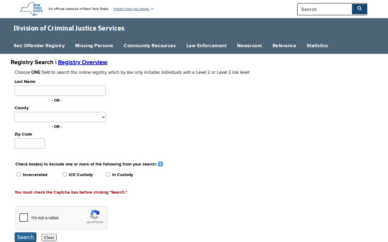 Genesee County sex offender search form from the New York registry